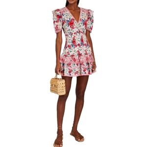 NWT LoveShackFancy Rena Rose Floral Cotton Mini Dress Rush Of Red Medium